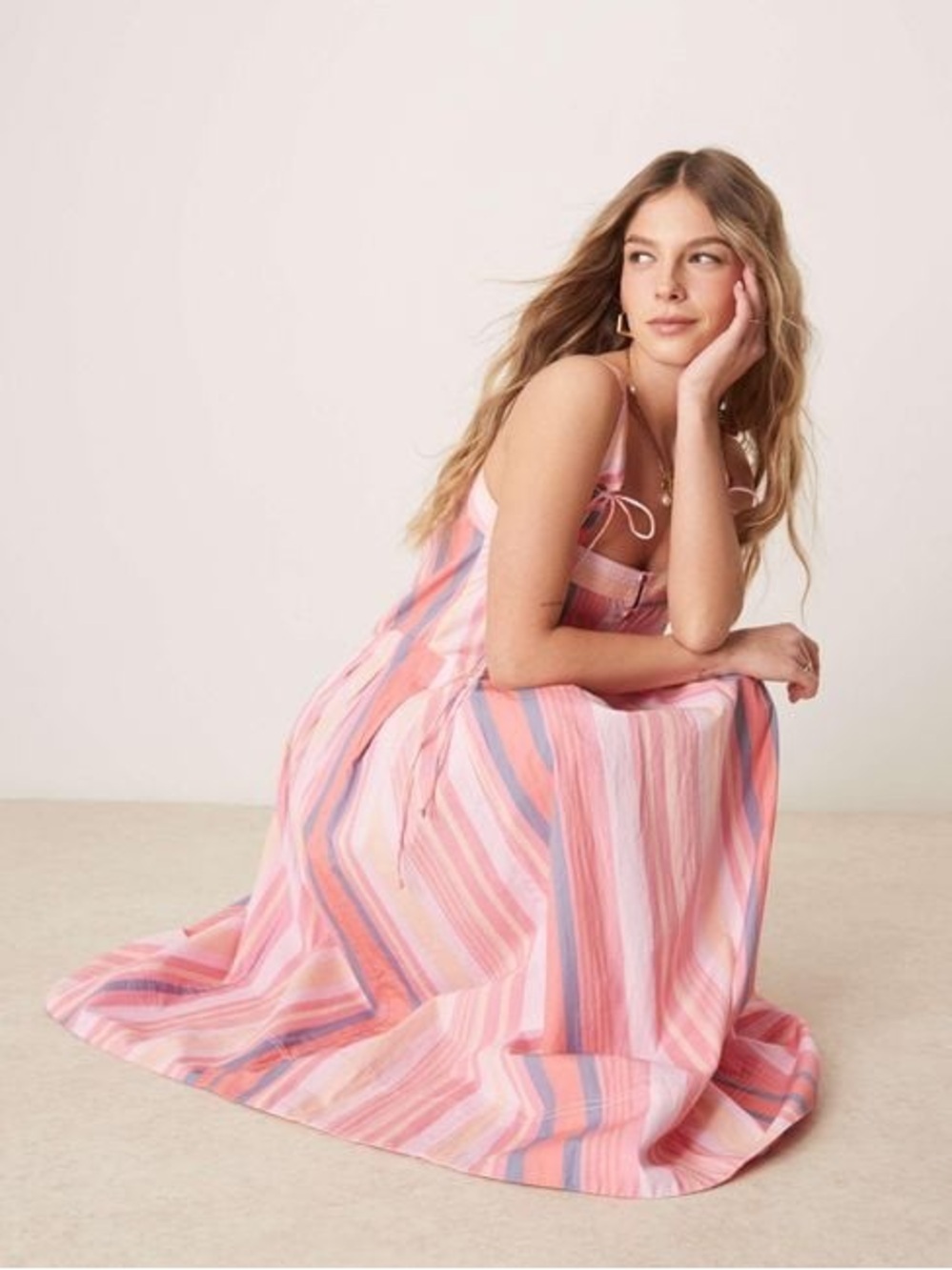 FREE PEOPLE | NWOT pink primevera striped drop waist sun dress | size large - Picture 2 of 7